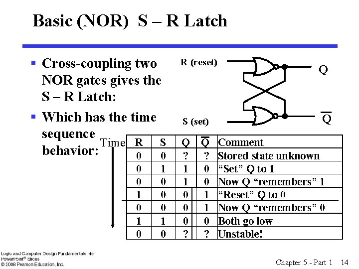 Basic (NOR) S – R Latch R (reset) § Cross-coupling two Q NOR gates