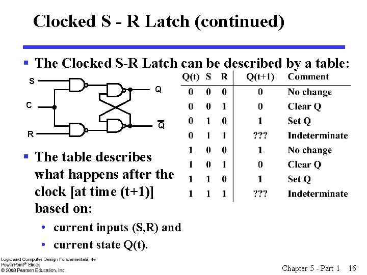 Clocked S - R Latch (continued) § The Clocked S-R Latch can be described