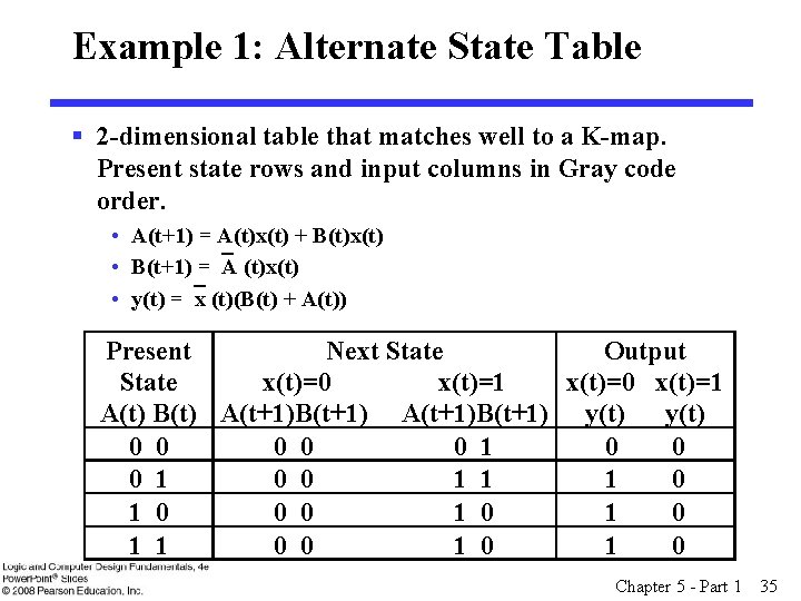 Example 1: Alternate State Table § 2 -dimensional table that matches well to a