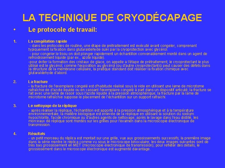 LA TECHNIQUE DE CRYODÉCAPAGE • Le protocole de travail: 1. La congélation rapide -