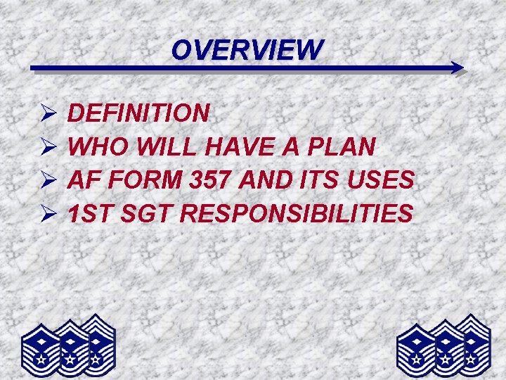 OVERVIEW Ø DEFINITION Ø WHO WILL HAVE A PLAN Ø AF FORM 357 AND