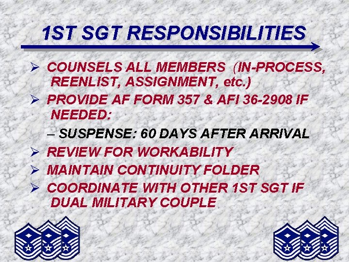 1 ST SGT RESPONSIBILITIES Ø COUNSELS ALL MEMBERS (IN-PROCESS, REENLIST, ASSIGNMENT, etc. ) Ø