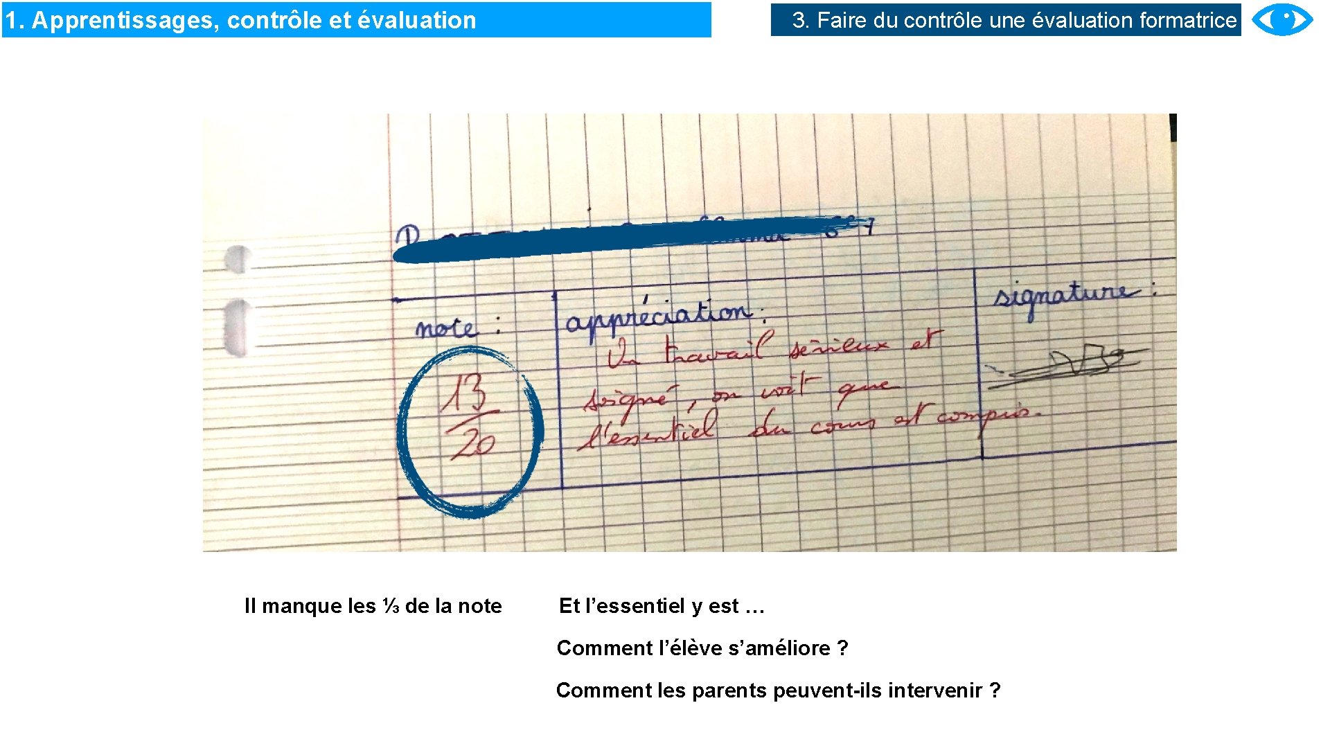 1. Apprentissages, contrôle et évaluation Il manque les ⅓ de la note 3. Faire