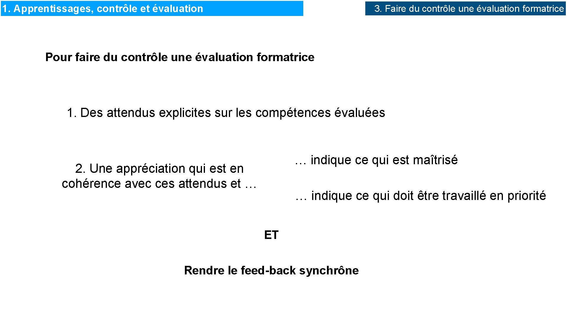 1. Apprentissages, contrôle et évaluation 3. Faire du contrôle une évaluation formatrice Pour faire