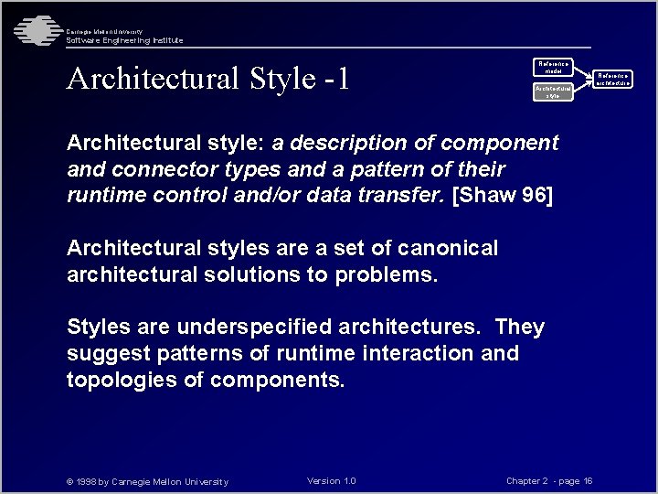 Carnegie Mellon University Software Engineering Institute Architectural Style -1 Reference model Architectural style: a Carnegie Mellon University Software Engineering Institute Architectural Style -1 Reference model Architectural style: a