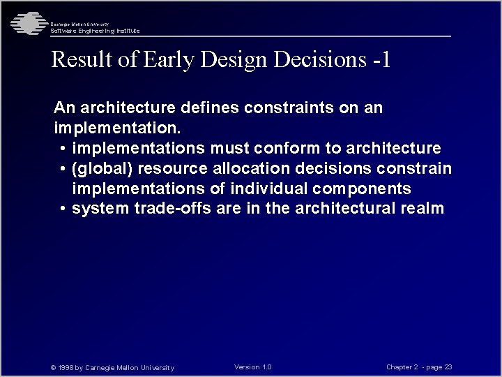 Carnegie Mellon University Software Engineering Institute Result of Early Design Decisions -1 An architecture Carnegie Mellon University Software Engineering Institute Result of Early Design Decisions -1 An architecture