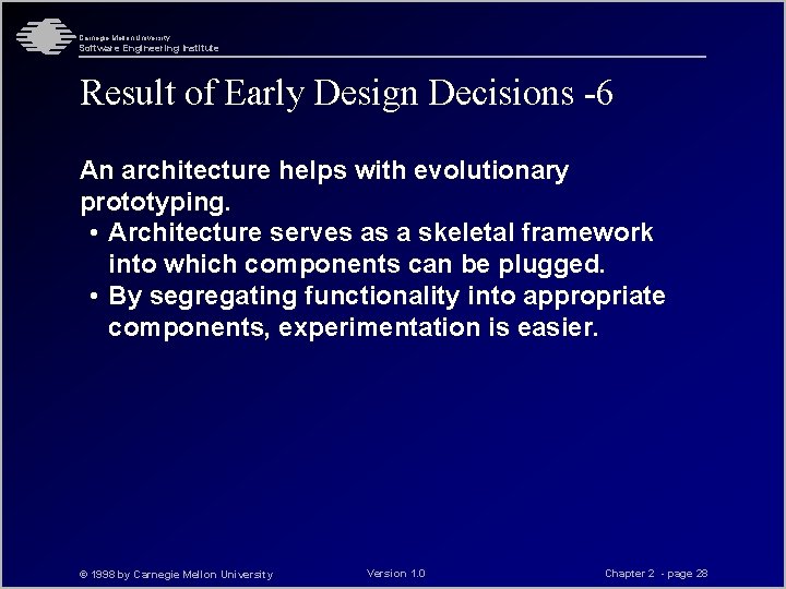 Carnegie Mellon University Software Engineering Institute Result of Early Design Decisions -6 An architecture Carnegie Mellon University Software Engineering Institute Result of Early Design Decisions -6 An architecture