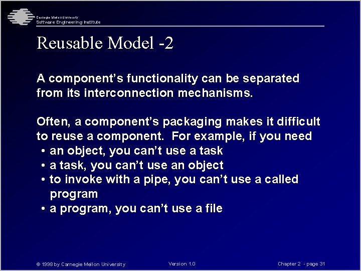 Carnegie Mellon University Software Engineering Institute Reusable Model -2 A component’s functionality can be Carnegie Mellon University Software Engineering Institute Reusable Model -2 A component’s functionality can be
