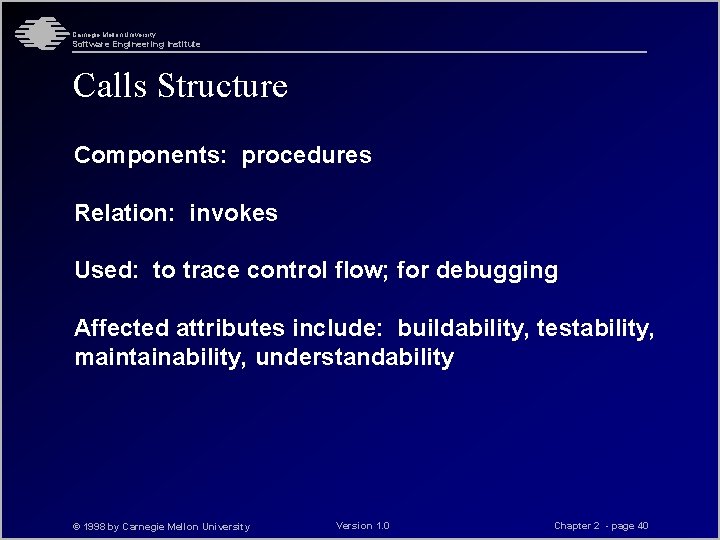 Carnegie Mellon University Software Engineering Institute Calls Structure Components: procedures Relation: invokes Used: to Carnegie Mellon University Software Engineering Institute Calls Structure Components: procedures Relation: invokes Used: to
