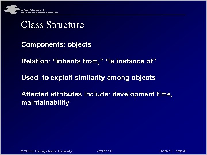 Carnegie Mellon University Software Engineering Institute Class Structure Components: objects Relation: “inherits from, ” Carnegie Mellon University Software Engineering Institute Class Structure Components: objects Relation: “inherits from, ”