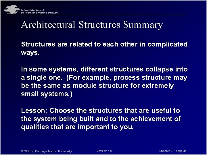 Carnegie Mellon University Software Engineering Institute Architectural Structures Summary Structures are related to each Carnegie Mellon University Software Engineering Institute Architectural Structures Summary Structures are related to each