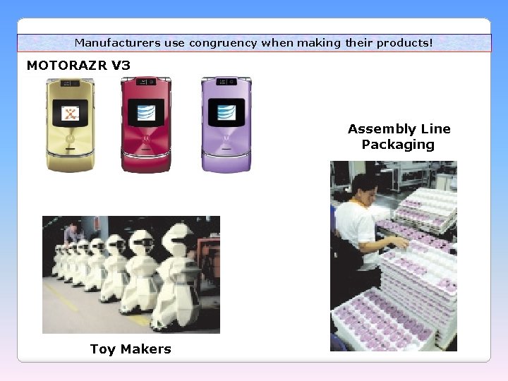 Manufacturers use congruency when making their products! MOTORAZR V 3 Assembly Line Packaging Toy