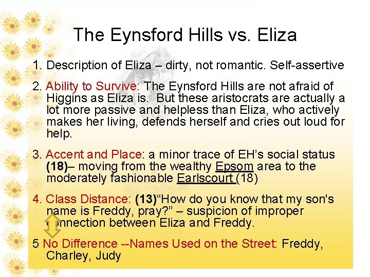 The Eynsford Hills vs. Eliza 1. Description of Eliza – dirty, not romantic. Self-assertive