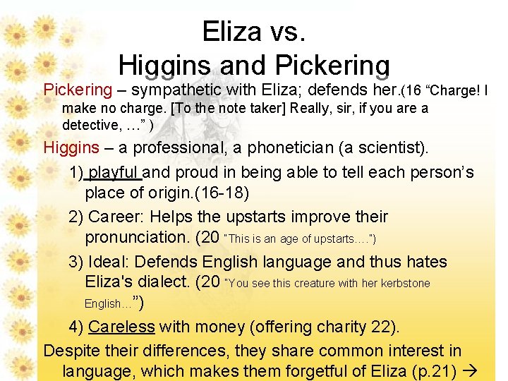 Eliza vs. Higgins and Pickering – sympathetic with Eliza; defends her. (16 “Charge! I