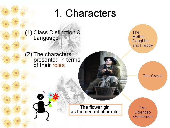 1. Characters (1) Class Distinction & Language The Mother, Daughter and Freddy (2) The