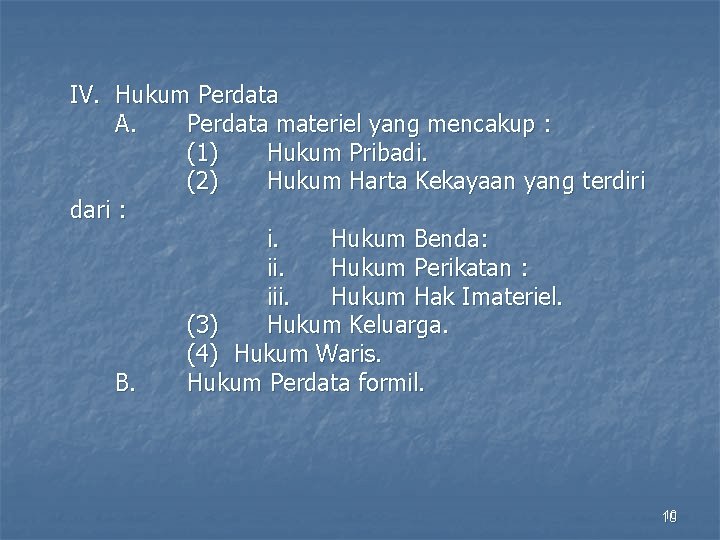 IV. Hukum Perdata A. Perdata materiel yang mencakup : (1) Hukum Pribadi. (2) Hukum