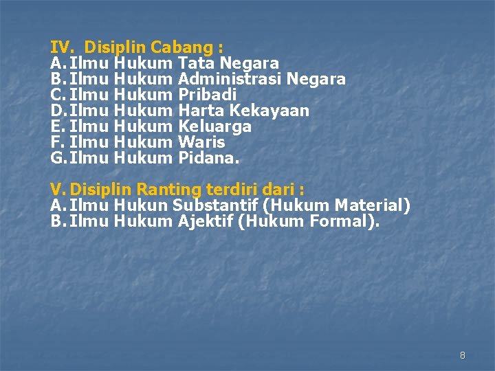 IV. Disiplin Cabang : A. Ilmu Hukum Tata Negara B. Ilmu Hukum Administrasi Negara