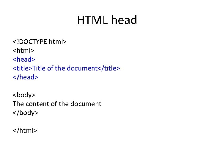 HTML head <!DOCTYPE html> <head> <title>Title of the document</title> </head> <body> The content of