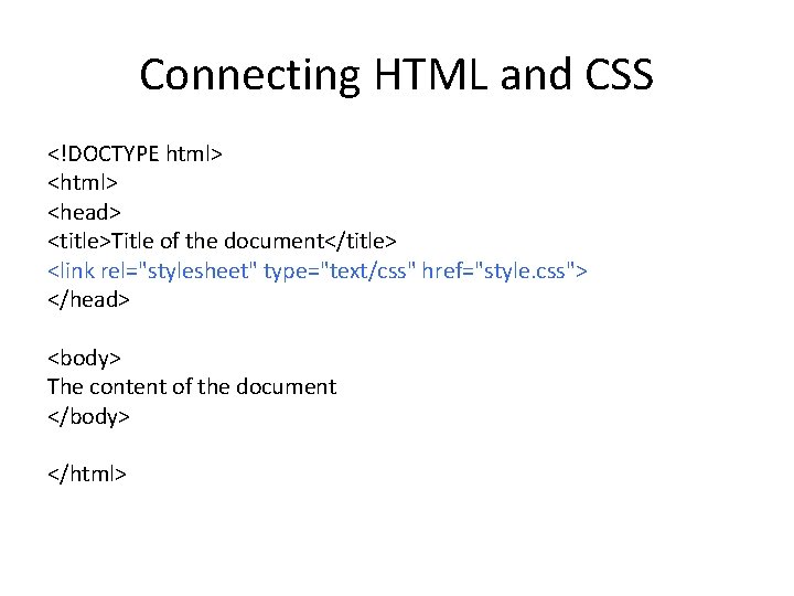 Connecting HTML and CSS <!DOCTYPE html> <head> <title>Title of the document</title> <link rel="stylesheet" type="text/css"