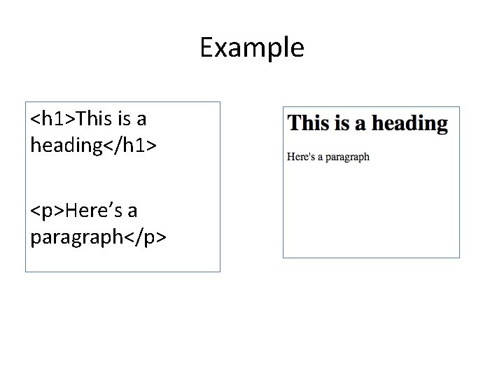 Example <h 1>This is a heading</h 1> <p>Here’s a paragraph</p> 