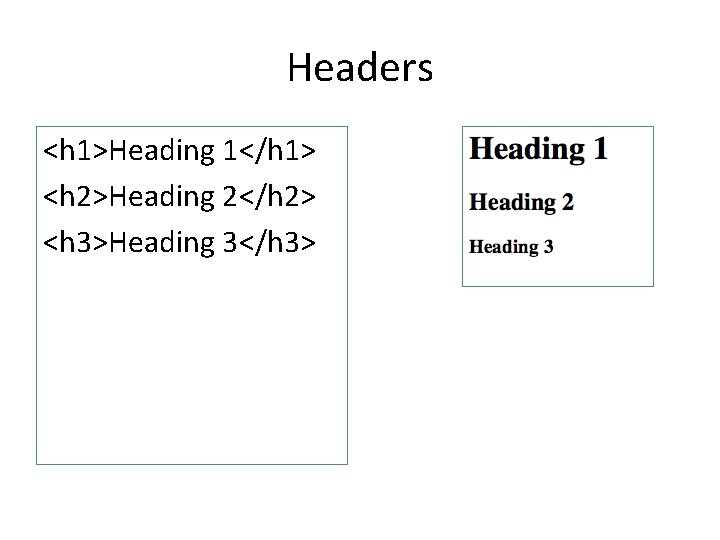 Headers <h 1>Heading 1</h 1> <h 2>Heading 2</h 2> <h 3>Heading 3</h 3> 