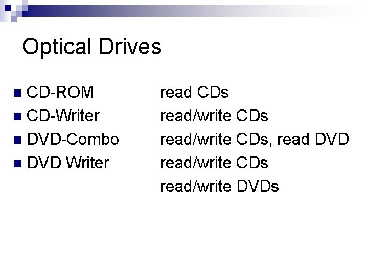 Optical Drives CD-ROM n CD-Writer n DVD-Combo n DVD Writer n read CDs read/write