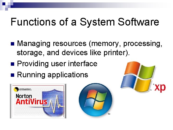 Functions of a System Software Managing resources (memory, processing, storage, and devices like printer).