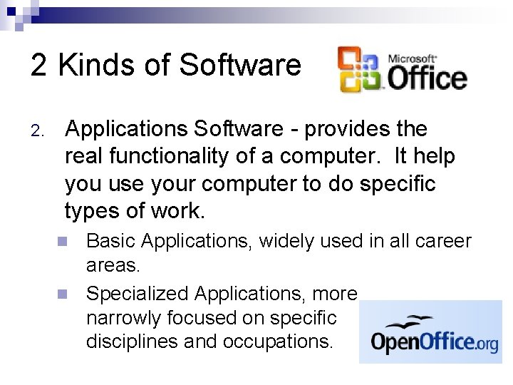 2 Kinds of Software 2. Applications Software - provides the real functionality of a