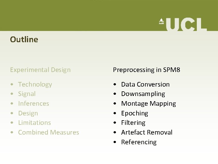 Outline Experimental Design Preprocessing in SPM 8 • • • • Technology Signal Inferences Outline Experimental Design Preprocessing in SPM 8 • • • • Technology Signal Inferences
