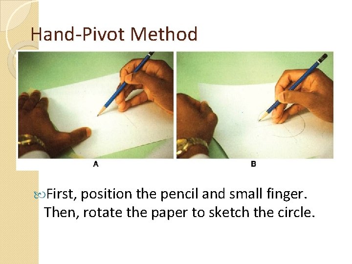 Hand-Pivot Method First, position the pencil and small finger. Then, rotate the paper to