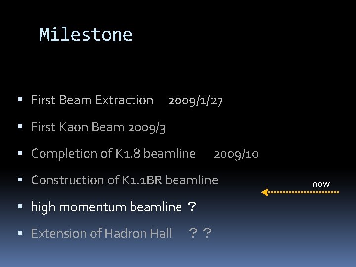 Milestone First Beam Extraction　2009/1/27 First Kaon Beam 2009/3 Completion of K 1. 8 beamline　