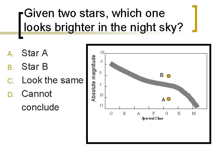 Given two stars, which one looks brighter in the night sky? B. C. D.