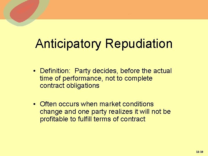 Anticipatory Repudiation • Definition: Party decides, before the actual time of performance, not to