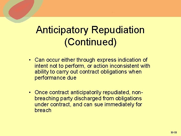 Anticipatory Repudiation (Continued) • Can occur either through express indication of intent not to