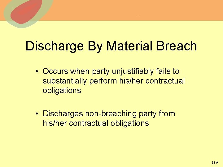 Discharge By Material Breach • Occurs when party unjustifiably fails to substantially perform his/her