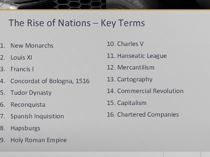 The Rise of Nations – Key Terms 1. New Monarchs 10. Charles V 2. The Rise of Nations – Key Terms 1. New Monarchs 10. Charles V 2.