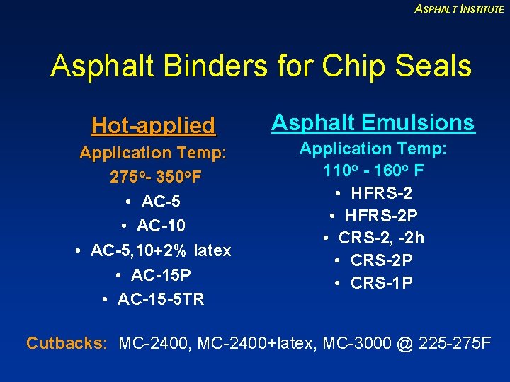 ASPHALT INSTITUTE Asphalt Binders for Chip Seals Hot-applied Asphalt Emulsions Application Temp: 275 o-