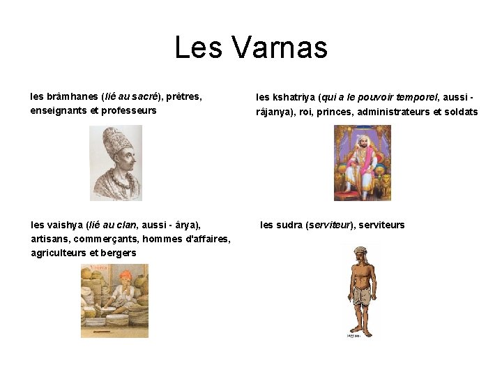 Les Varnas les brâmhanes (lié au sacré), prêtres, enseignants et professeurs les vaishya (lié