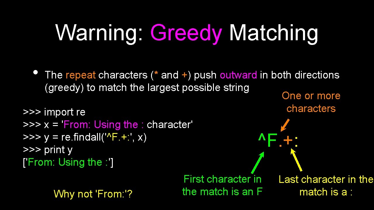 Warning: Greedy Matching • The repeat characters (* and +) push outward in both