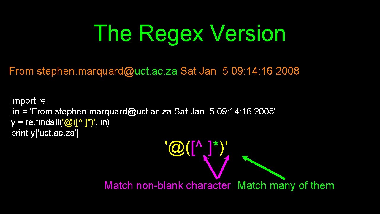 The Regex Version From stephen. marquard@uct. ac. za Sat Jan 5 09: 14: 16 The Regex Version From stephen. marquard@uct. ac. za Sat Jan 5 09: 14: 16