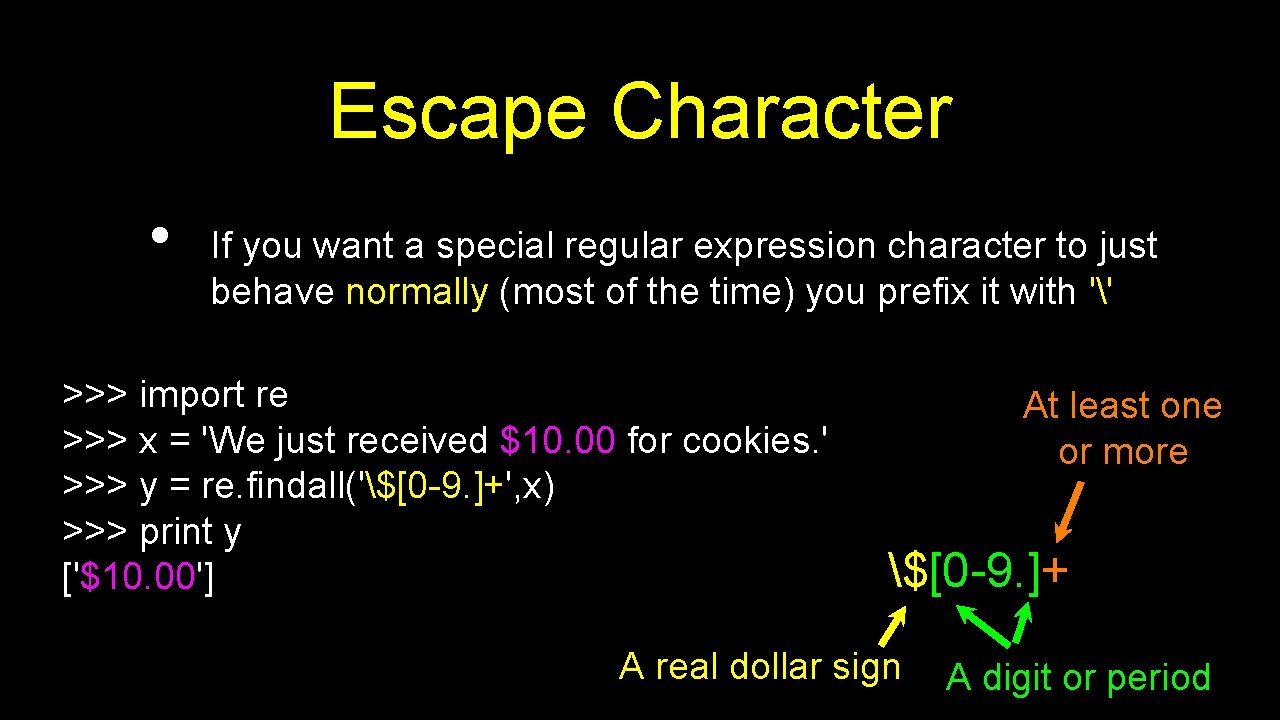 Escape Character • If you want a special regular expression character to just behave