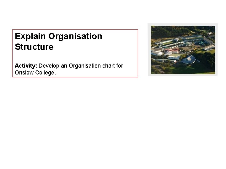 Explain Organisation Structure Activity: Develop an Organisation chart for Onslow College. 