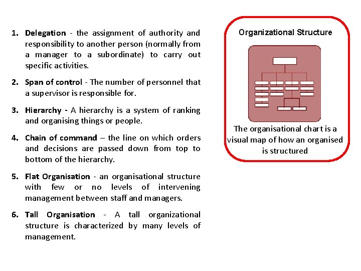 1. Delegation - the assignment of authority and responsibility to another person (normally from