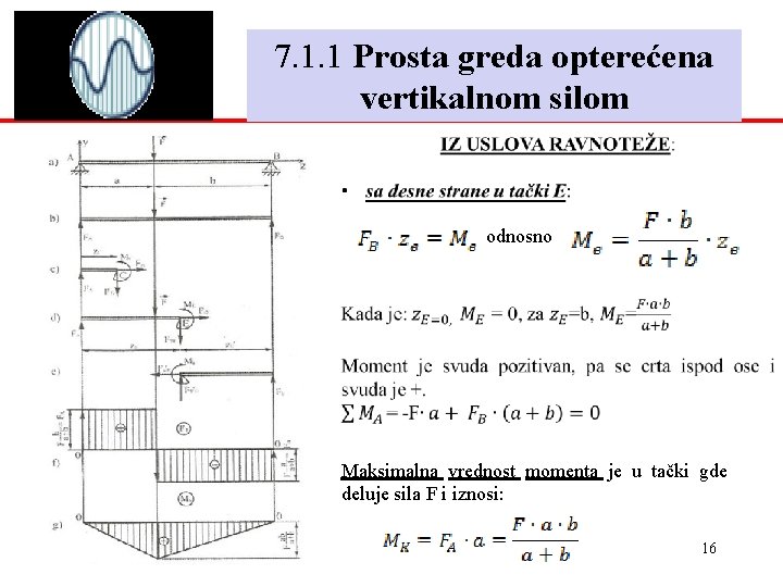 7. 1. 1 Prosta greda opterećena vertikalnom silom odnosno Maksimalna vrednost momenta je u 7. 1. 1 Prosta greda opterećena vertikalnom silom odnosno Maksimalna vrednost momenta je u