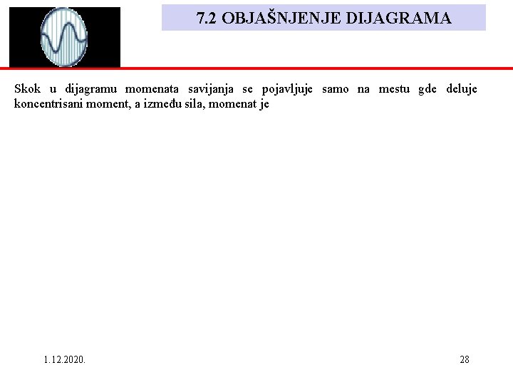 7. 2 OBJAŠNJENJE DIJAGRAMA Skok u dijagramu momenata savijanja se pojavljuje samo na mestu 7. 2 OBJAŠNJENJE DIJAGRAMA Skok u dijagramu momenata savijanja se pojavljuje samo na mestu