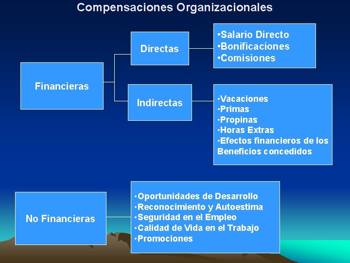 Compensaciones Organizacionales Directas • Salario Directo • Bonificaciones • Comisiones Financieras Indirectas No Financieras