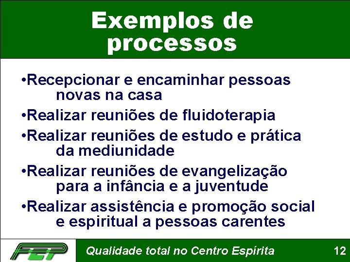 Exemplos de processos • Recepcionar e encaminhar pessoas novas na casa • Realizar reuniões