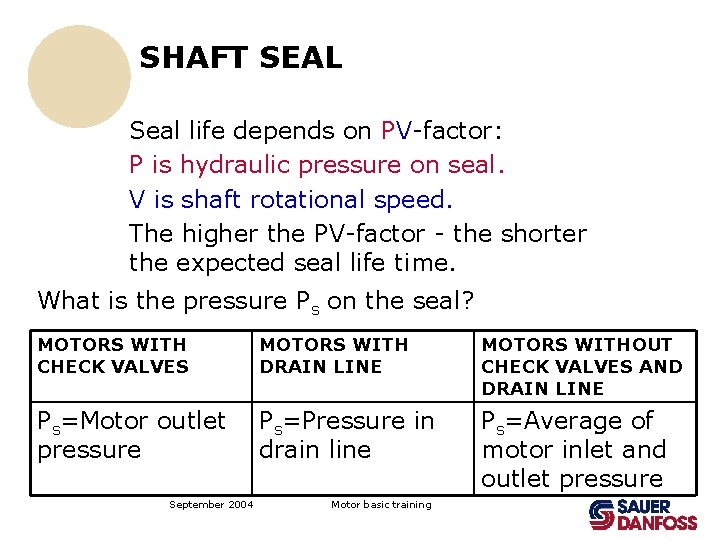 SHAFT SEAL Seal life depends on PV-factor: P is hydraulic pressure on seal. V