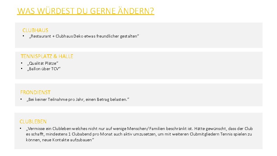 WAS WÜRDEST DU GERNE ÄNDERN? CLUBHAUS • „Restaurant + Clubhaus Deko etwas freundlicher gestalten”