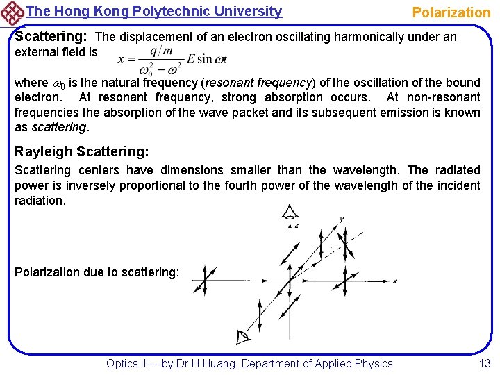 The Hong Kong Polytechnic University Polarization Scattering: The displacement of an electron oscillating harmonically